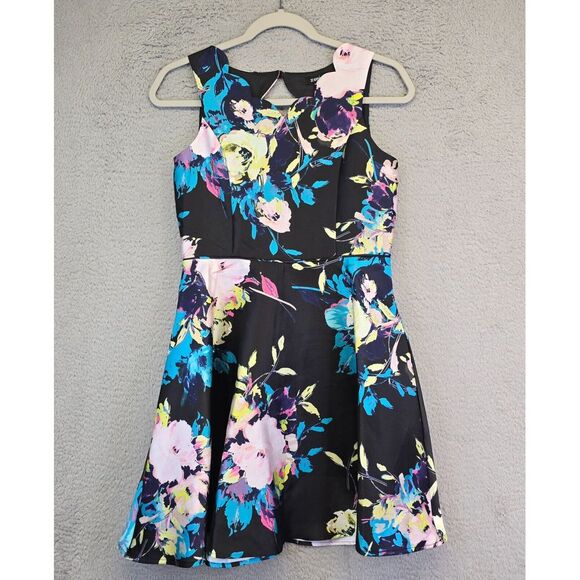 Zunie Floral Mikado Dress Girls Youth 14 Black Flowy Fit‎ N Flare Easter - Picture 1 of 11